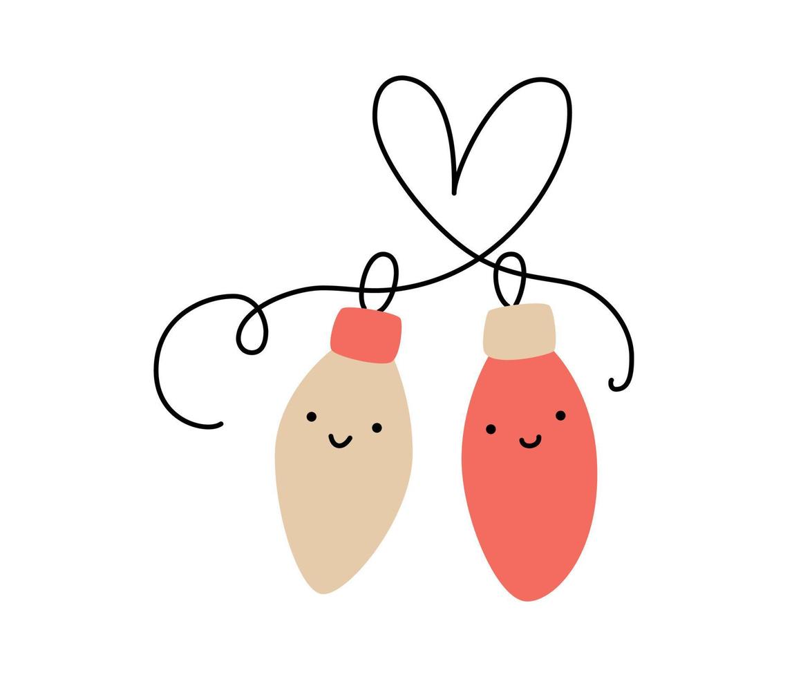 Line hand drawn two cute happy lover balls garland toy couple for tree and heart. Merry xmas and Happy New Year contour isolated illustration for the celebration of winter holidays vector