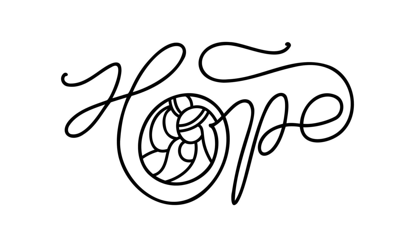 Hope monoline calligraphy text and Christmas Vector religious Scene Nativity of baby Jesus with Joseph and Mary. Minimalist art line drawing, print for clothes and logo design