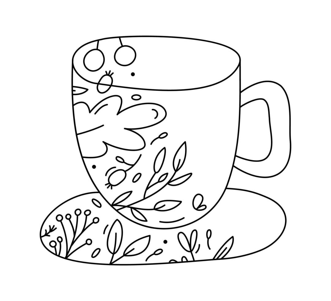 taza de línea de navidad vectorial dibujada a mano con bayas de línea, textura de ramas. ilustración de esquema de icono de adviento de navidad para bebé de tarjeta de felicitación, diseño web, invitación vector