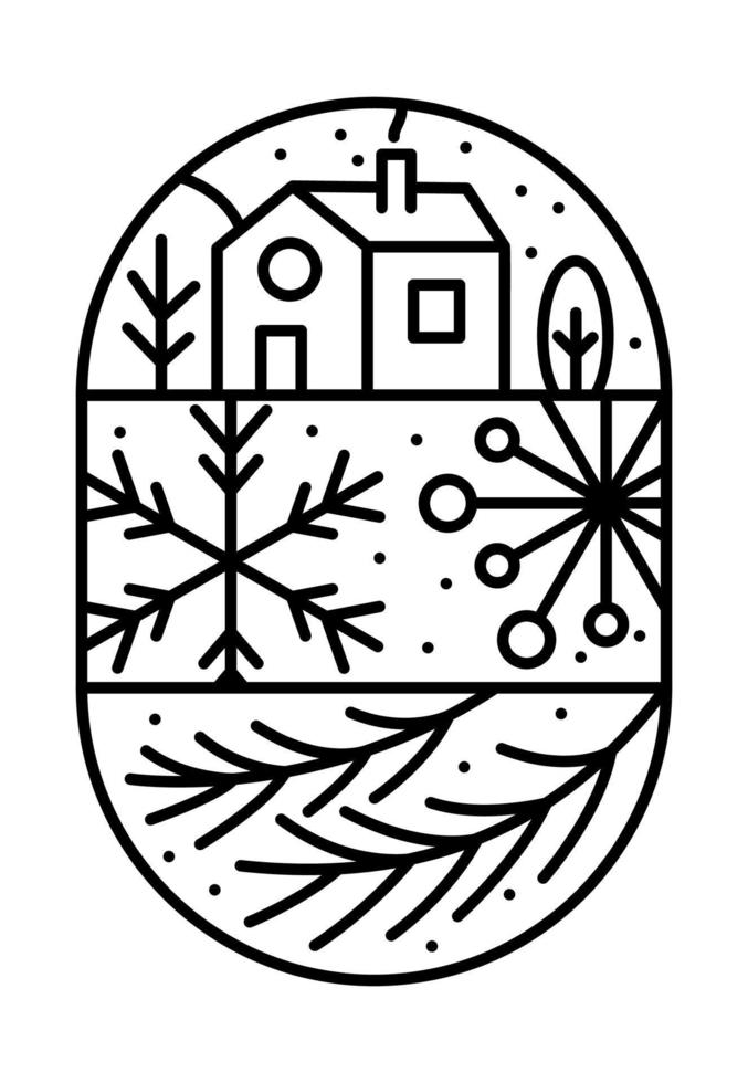 Christmas logo advent composition snowflake, branches, house and trees. Hand drawn monoline winter vector constructor in half round frame and rectangle for greeting card