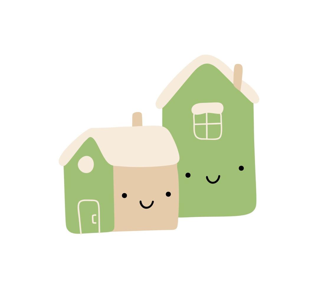 Couple of happy love smilling doodle houses. Vector christmas illustration. Pair of cute elements for winter design. Joy and family concept. Scandinavian minimalism style