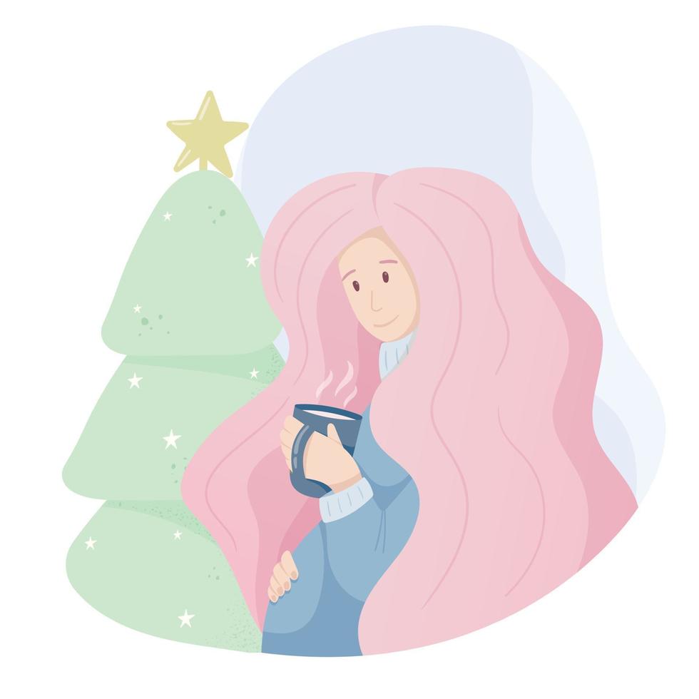 Vector cute doodle illustration. Pregnant young woman in gentle blue and pink colors, winter atmosphere, christmas. Comfort, a mug of hot coffee or tea and a Christmas tree with decorations.