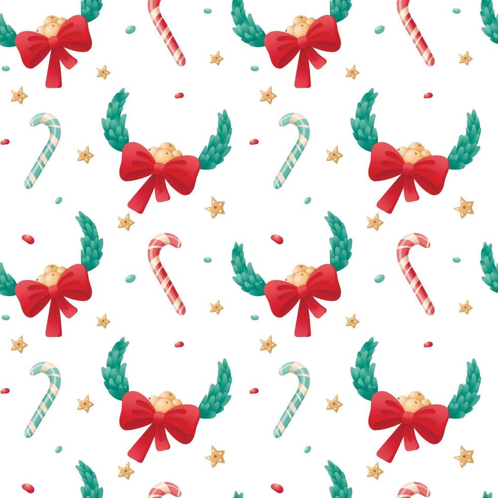 patrón sin costuras de iconos aislados de Navidad en un fondo blanco. símbolos de vacaciones de invierno. bastón de caramelo y corona de hojas con lazo vector