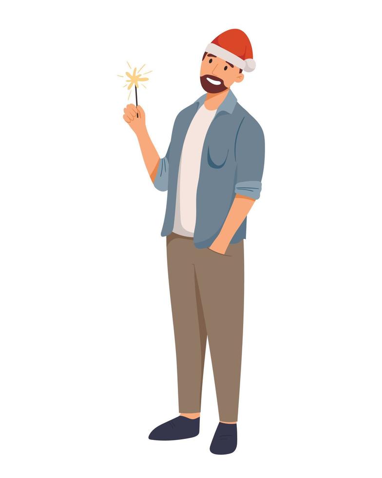 Vector isolated illustration of cartoon standing man in a christmas cap with sparklers in hand