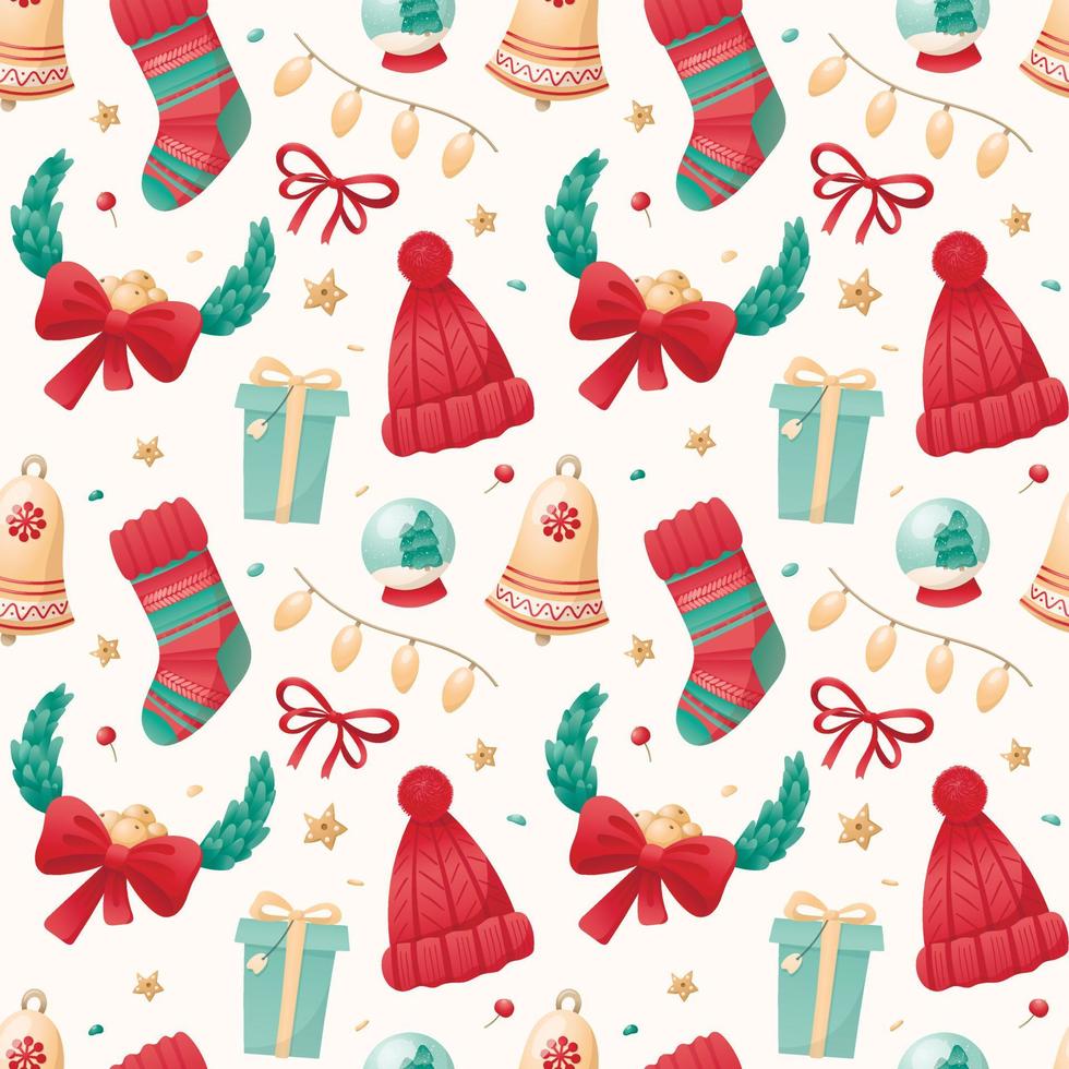 Seamless pattern of Christmas isolated icons on a white background. Winter holiday symbols. Illustration for wrapping paper, decorations, textile. vector