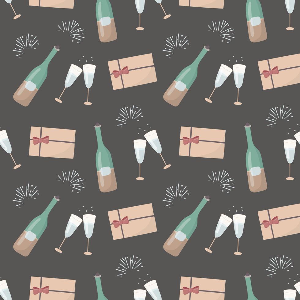 Vector seamless pattern isolated images. New year or romantic holiday decoration for background or wrapping paper. Wine bottle and glasses of champagne, holiday, envelope with a love letter.