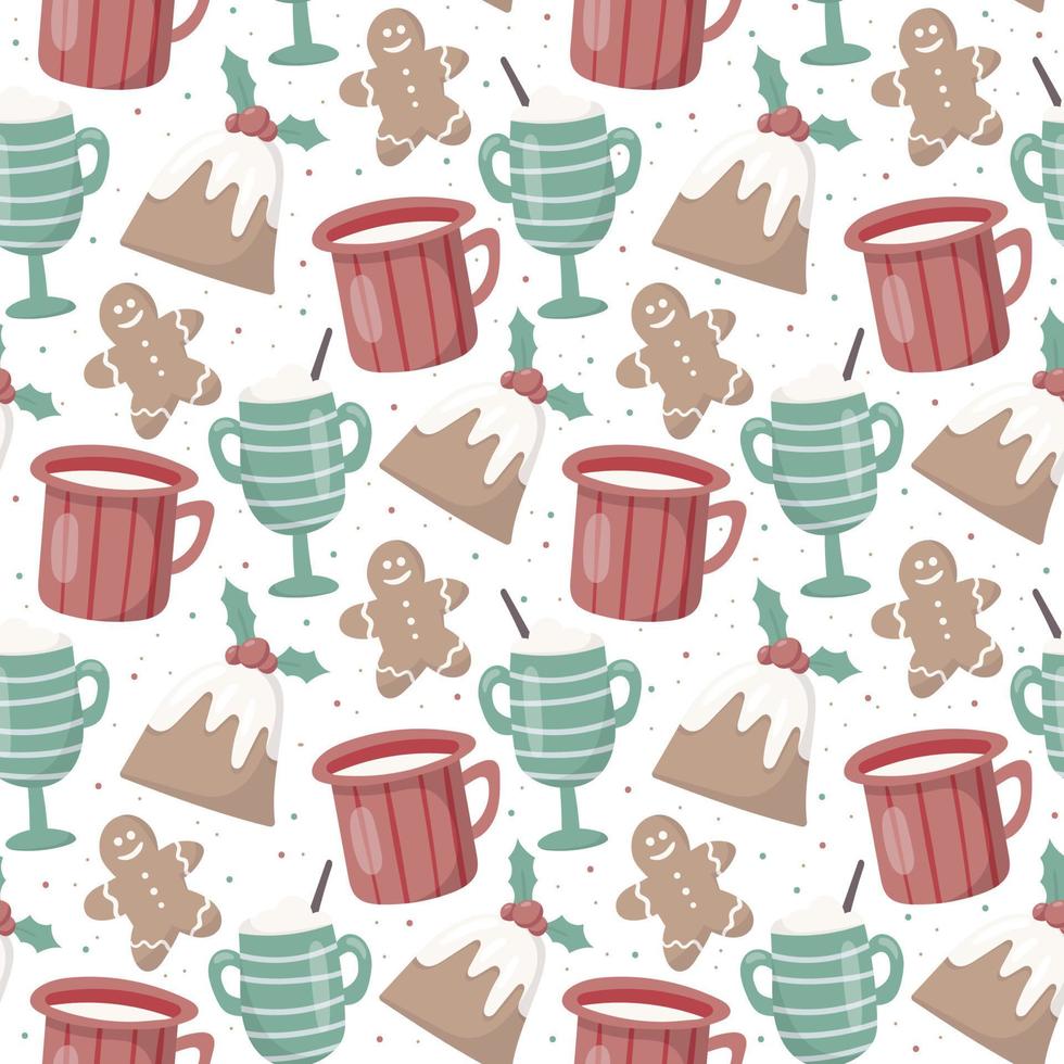 Vector seamless christmas pattern. Cozy warm atmosphere. Cups and mugs with warm drinks like tea, coffee or cocoa. Delicious holly muffins and gingerbread. Decoration for background or wrapping paper.