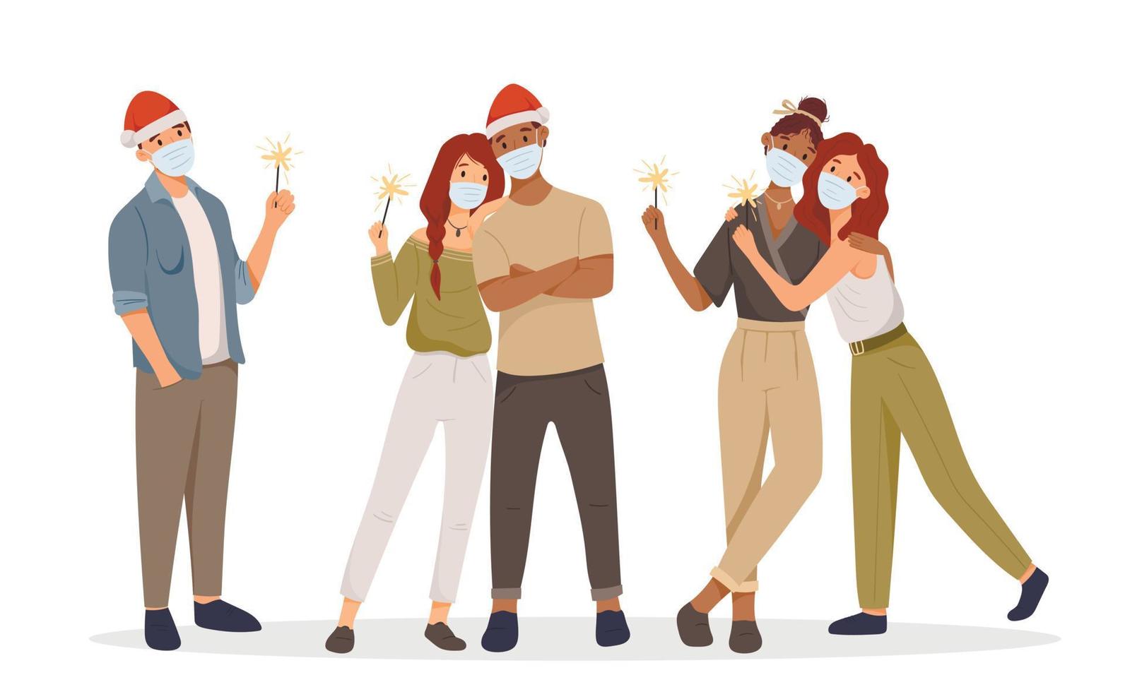 Group of standing people. Cheerful friends celebrate Christmas or New Year amid coronavirus and pandemic conditions. Sparklers, Santa hat, face masks. Lesbian, African American and European couple. vector
