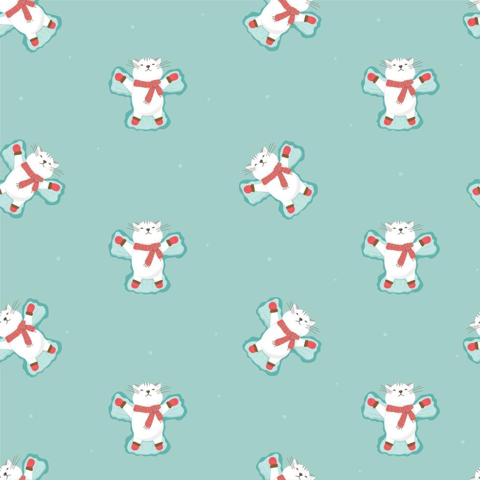 Vector illustration of seamless pattern with cute cartoon cats. Winter, warm clothes, sweater, gloves and scarf. New Year and Christmas decorations with snow.