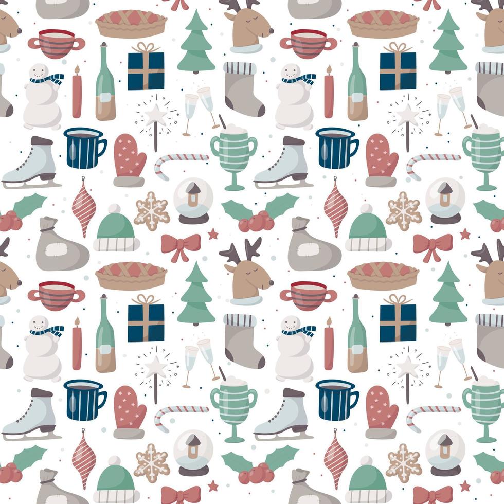 patrón de Navidad transparente de vector. lindos iconos de dibujos animados sobre el tema de año nuevo para la decoración de fondo y papel de regalo. vector