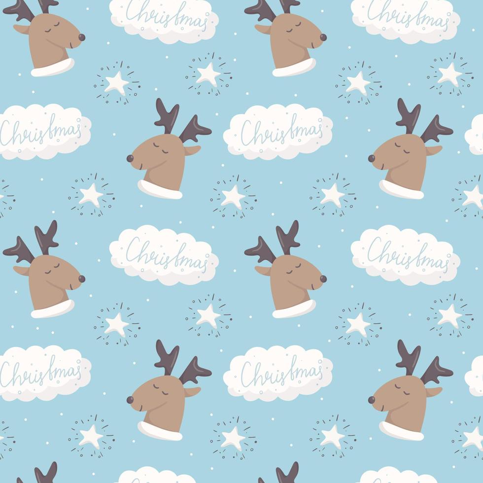 Vector seamless christmas pattern. Reindeer and the inscription Christmas in the cloud on a blue background. Children cute decoration for background or wrapping paper.