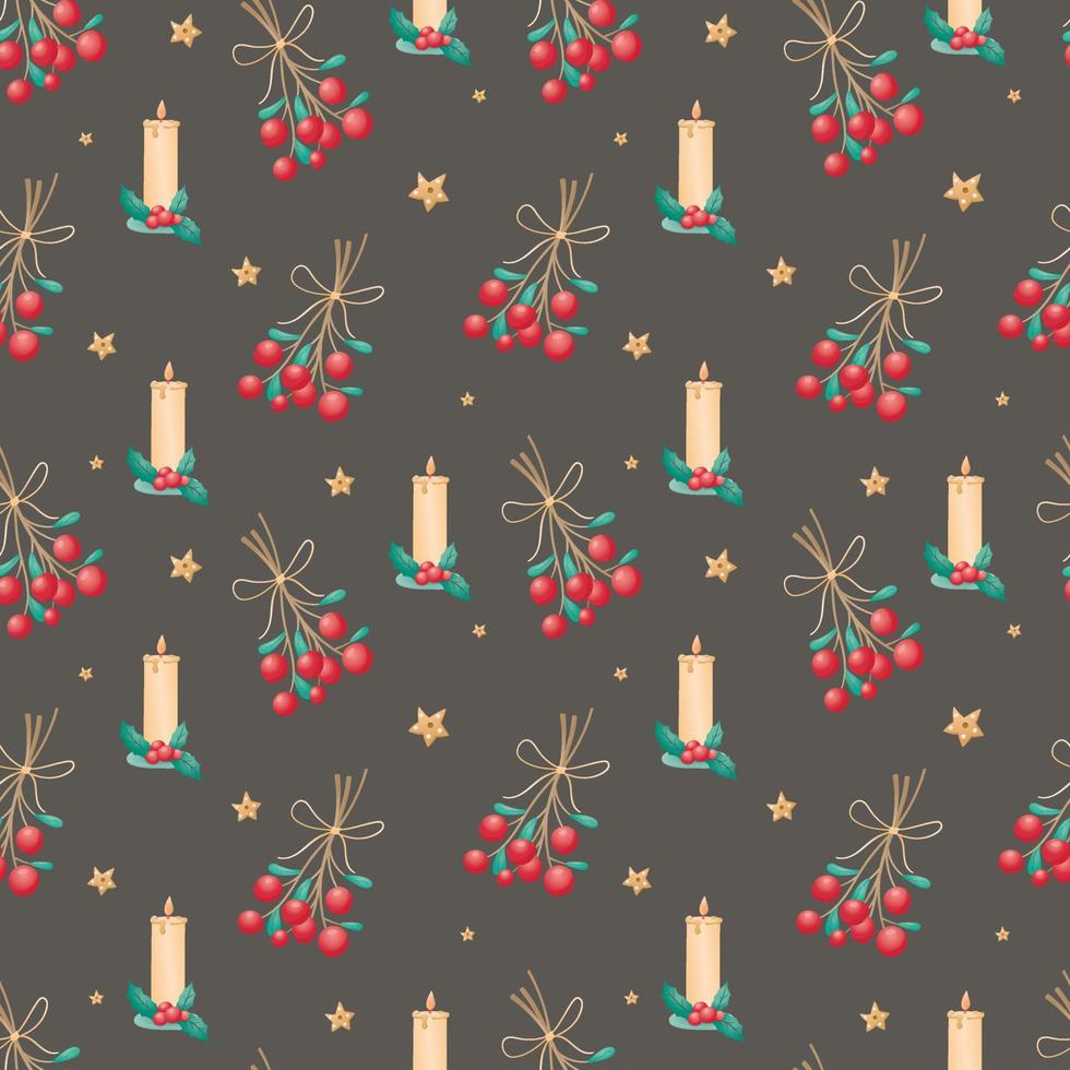 Seamless pattern of Christmas isolated icons on a black background. Winter holiday symbols. Illustration for wrapping paper, decorations, textile. vector
