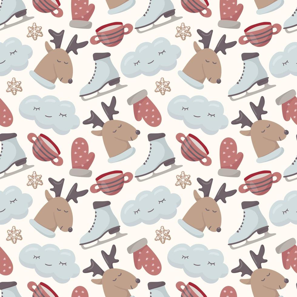 Vector seamless christmas pattern. Isolated cute doodle winter images. New year decoration for background or wrapping paper.