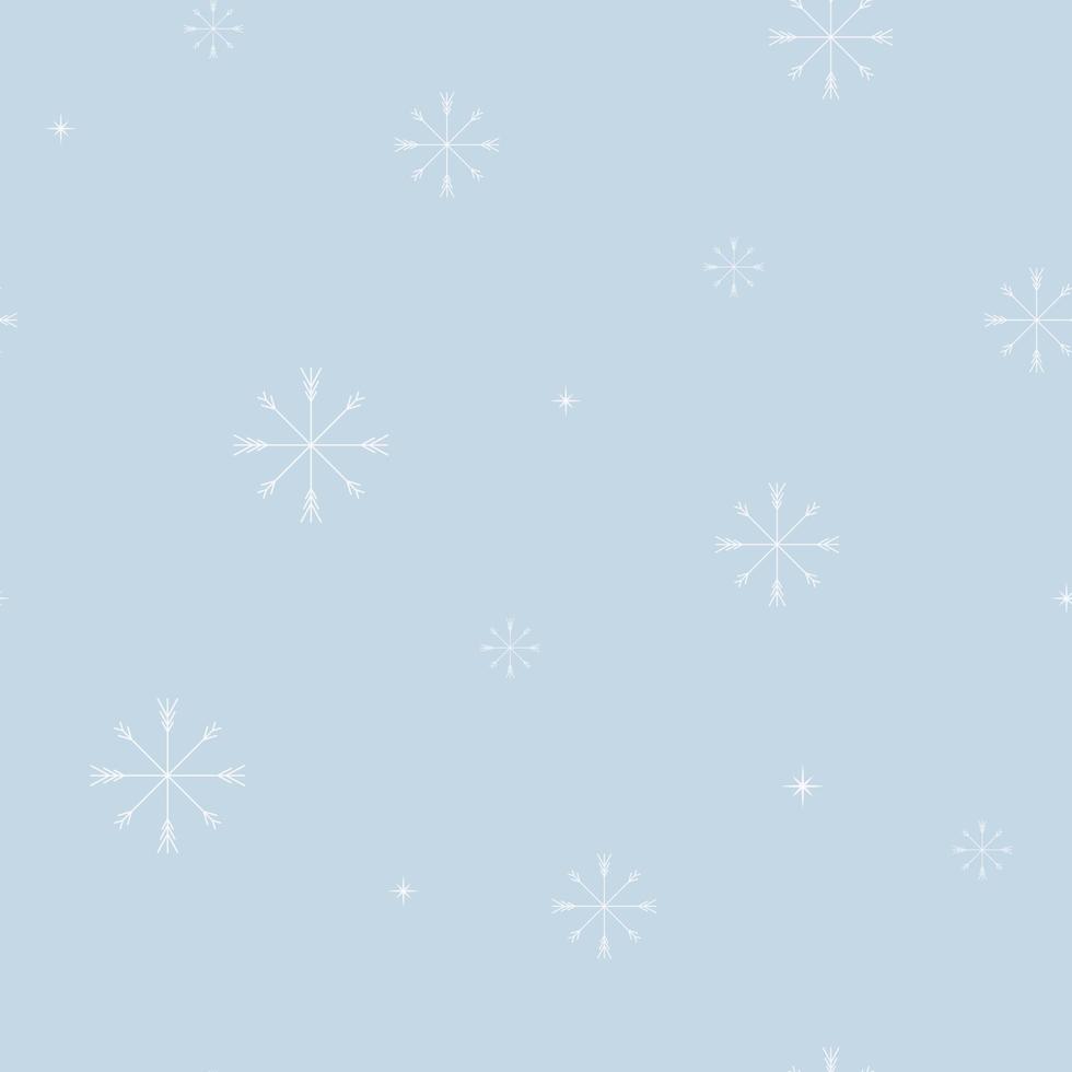 Vector illustration seamless pattern. Minimalistic white snowflakes on a blue background. Winter and Christmas decoration for fabrics and wrapping paper.