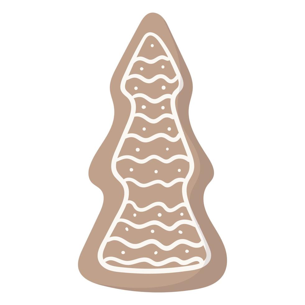 Vector Christmas isolated cartoon illustration of a gingerbread cookie in the shape of a Christmas tree with glaze.