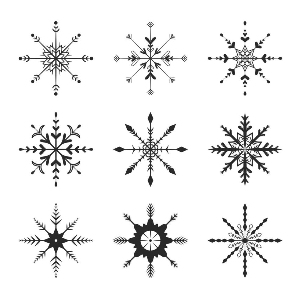 Vector flat illustration. Set of New Year and Christmas black snowflakes icons. Background decoration.