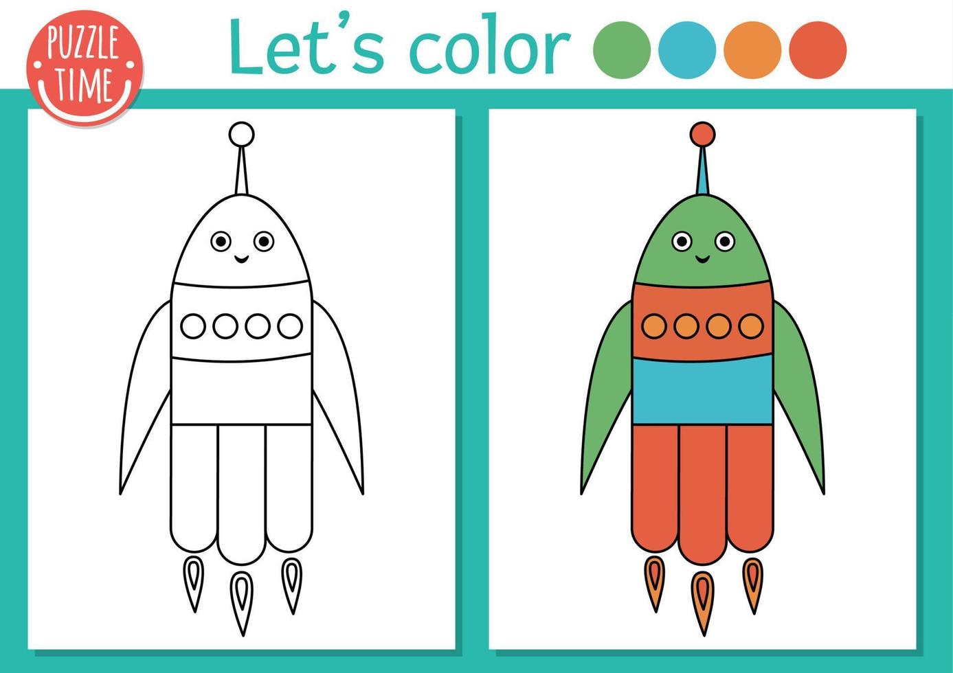 Space coloring page for children. Cute funny smiling rocket. Vector Astronomy outline illustration with kawaii spaceship. Cosmos color book for kids with colored example