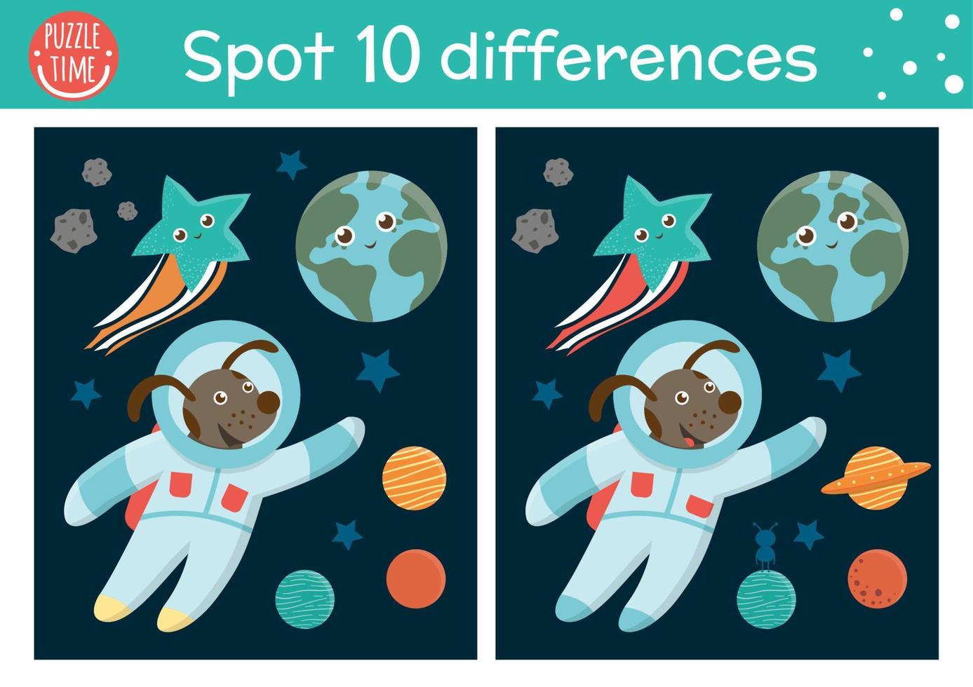 Space find differences game for children. Astronomy educational activity with funny astronaut dog, earth, stars, planets. Printable worksheet with planets and stars. Cute UFO puzzle for kids vector