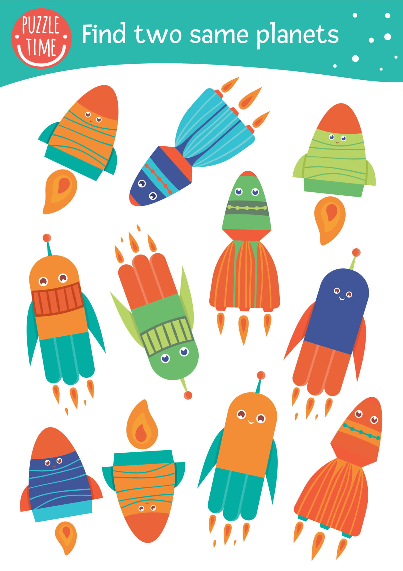 Find two same rockets. Space matching activity for preschool children