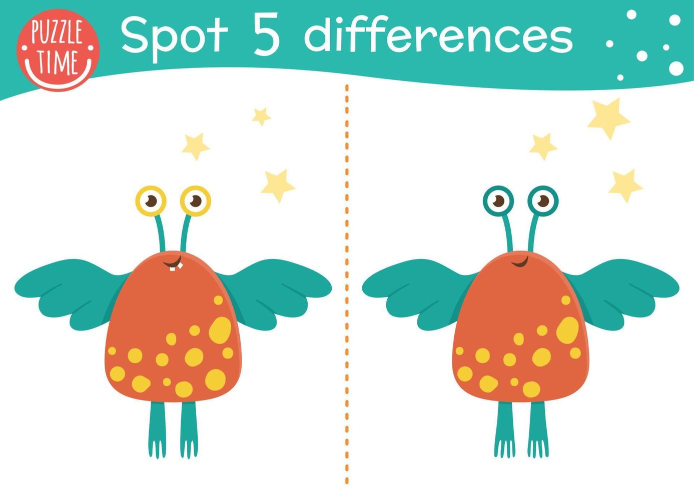 Space find differences game for children. Astronomy educational activity with funny alien with wings. Printable worksheet with extraterrestrial and stars. Cute UFO puzzle for kids vector