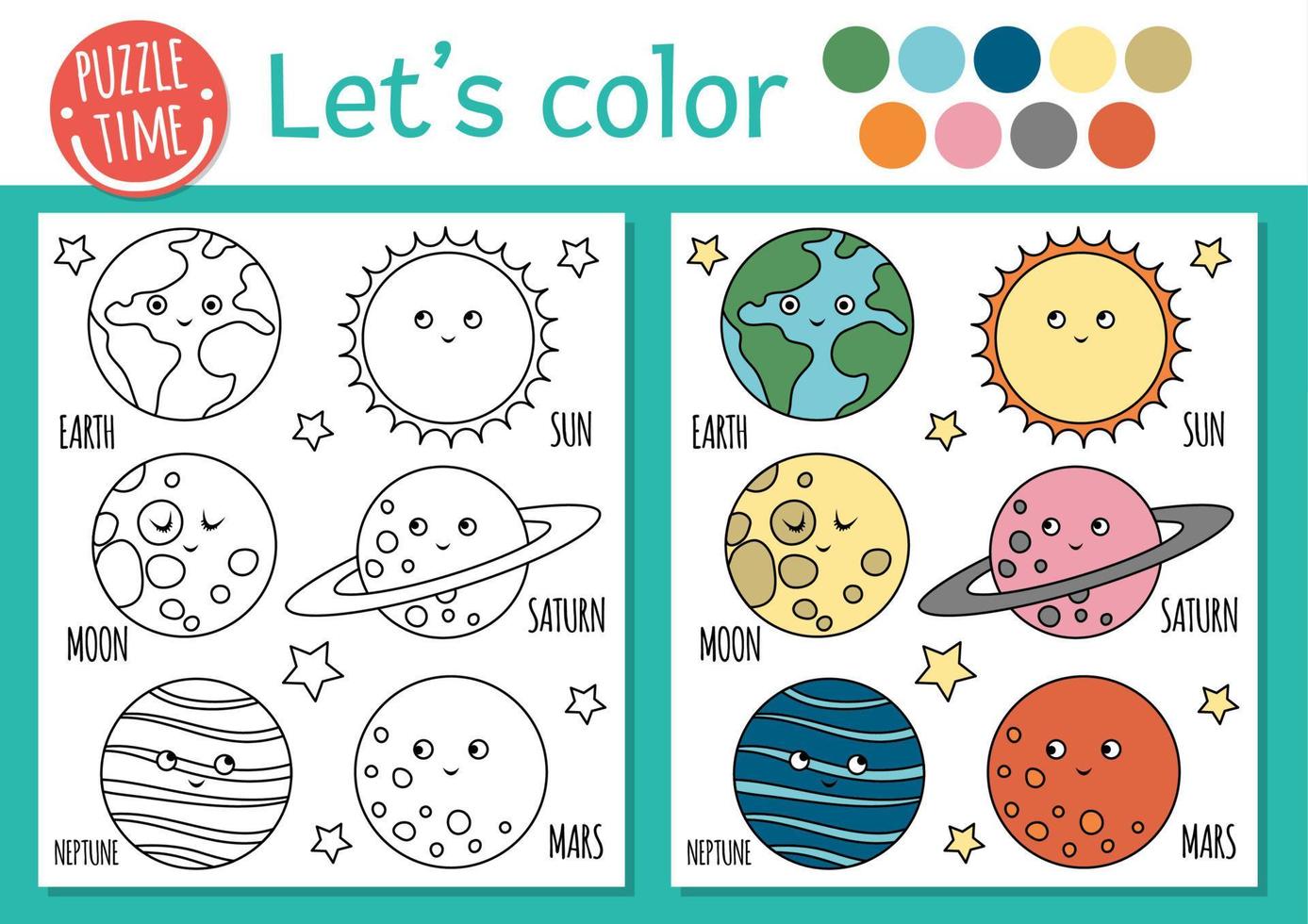 página para colorear del espacio para niños. lindos y divertidos planetas  kawaii tierra, luna, sol. ilustración