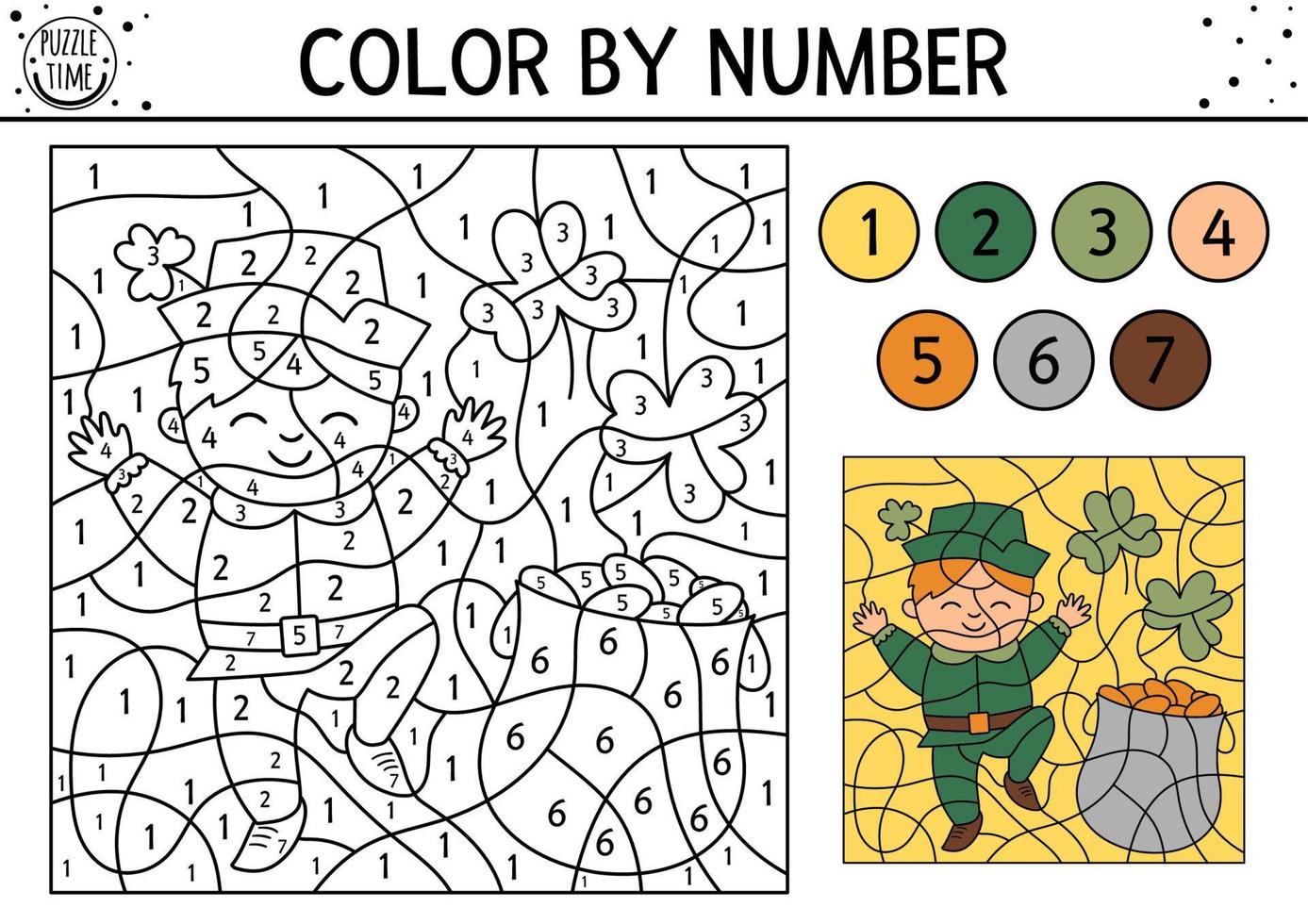Vector Saint Patrick color by number activity with boy, shamrock leaves, pot with gold. Spring holiday coloring and counting game with cute kid. Funny Irish holiday coloration page for kids.