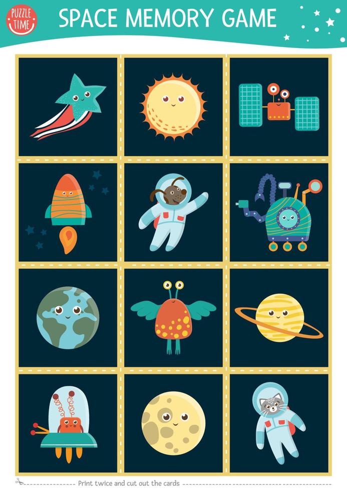 Space memory game cards with planets, alien, rocket. Matching astronomy activity with astronaut, star, earth. Remember and find correct card. Simple printable worksheet for kids. vector