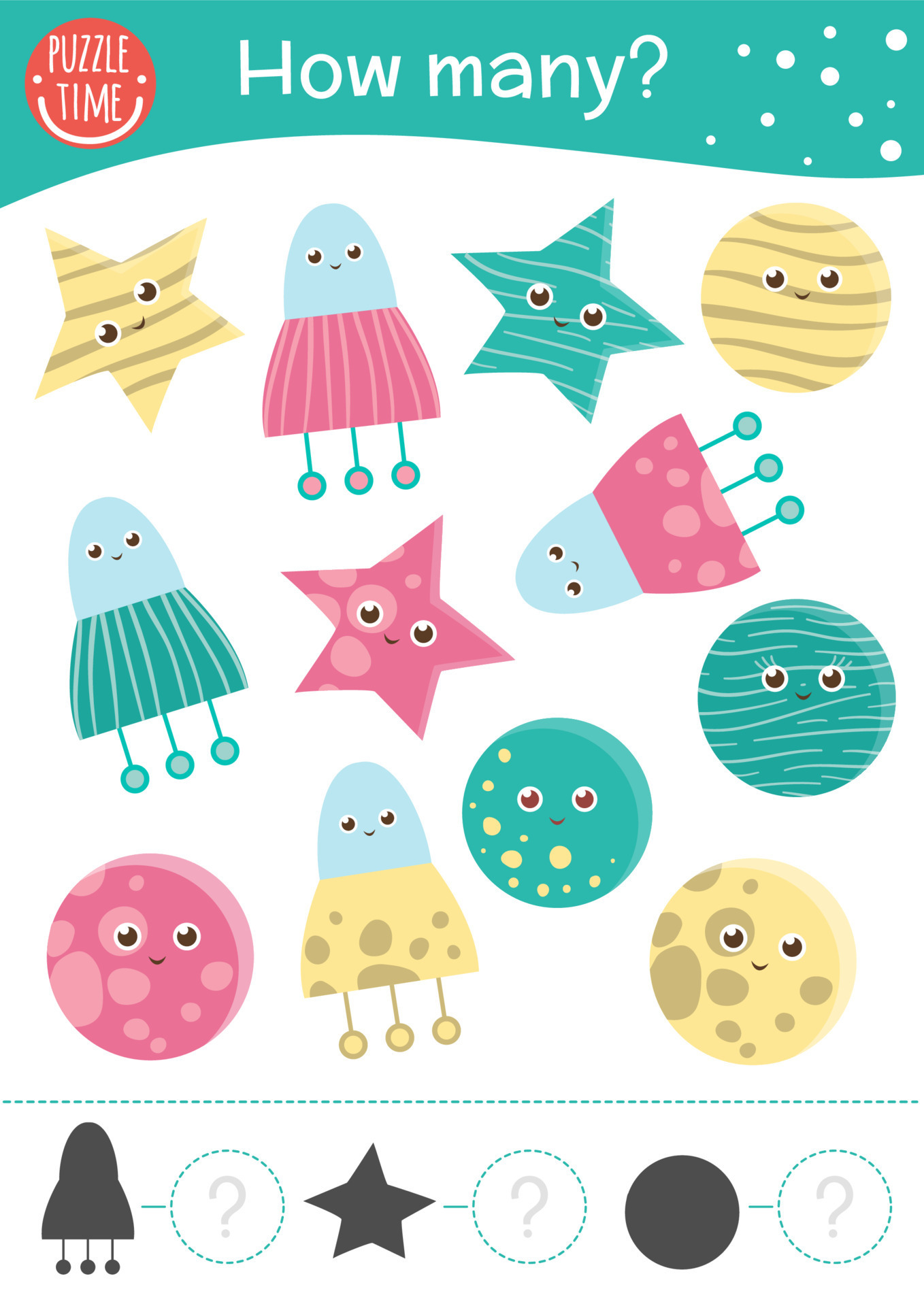 Space counting game with UFO, stars. Math activity for
