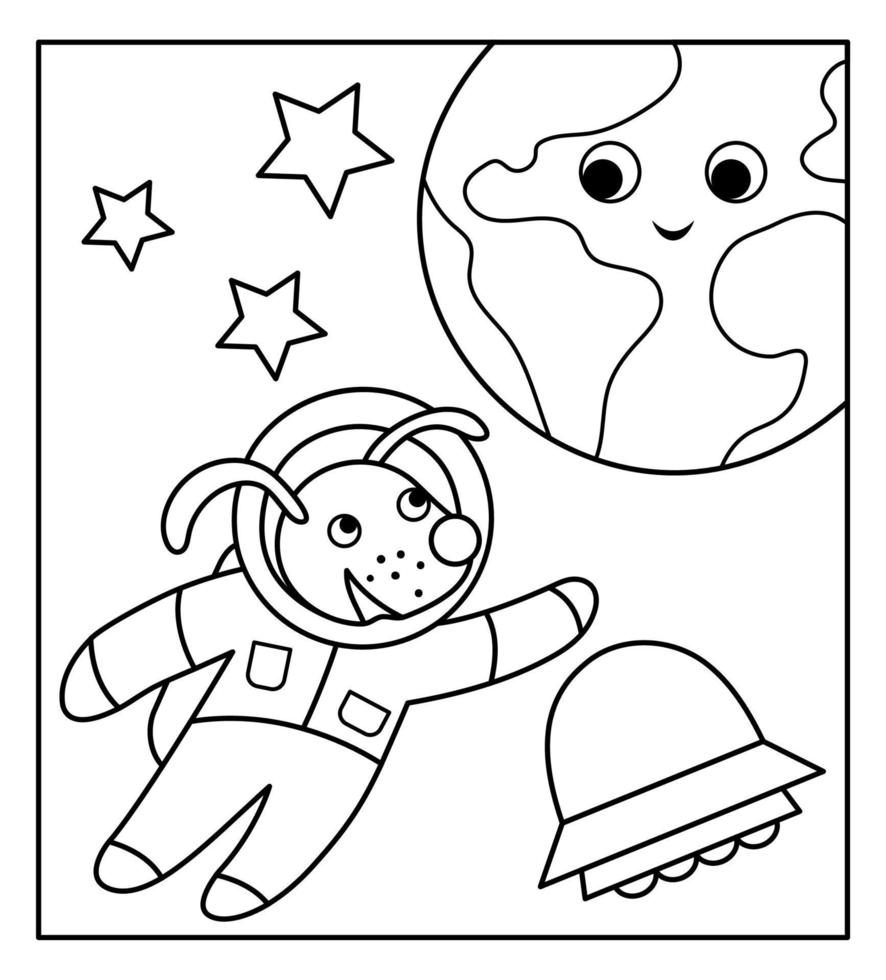 Vector black and white funny astronaut dog in space with planet Earth, stars, UFO. Cute cosmic illustration for children. Astronomy coloring page with kawaii spaceman