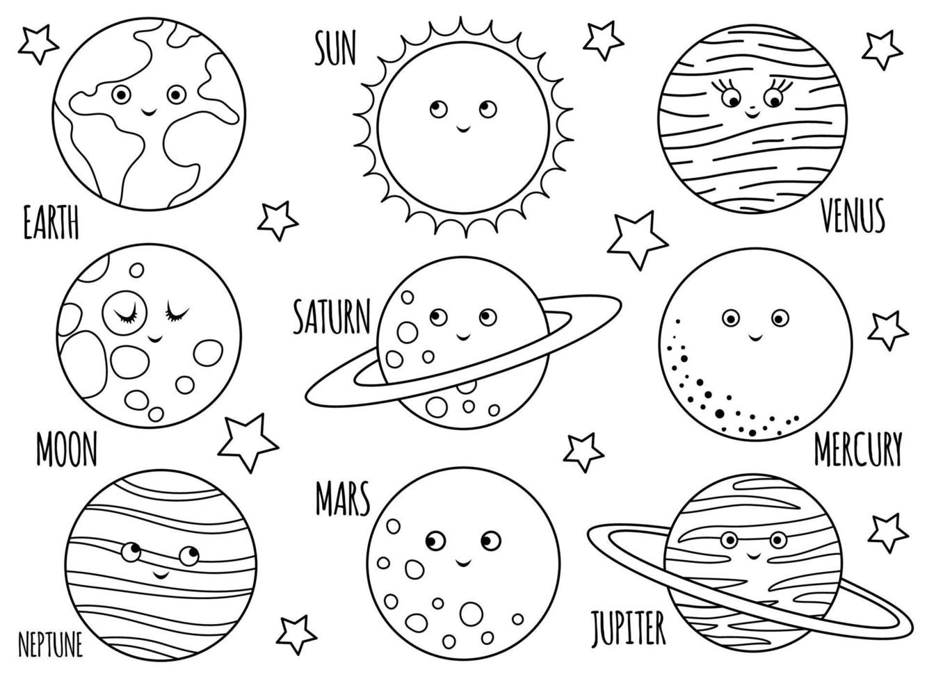 planetas vectoriales en blanco y negro para niños. esbozar la ilustración  de la tierra sonriente, sol, luna, venus, marte, júpiter, mercurio,  saturno, neptuno. Página para colorear del espacio para niños. 14827944  Vector