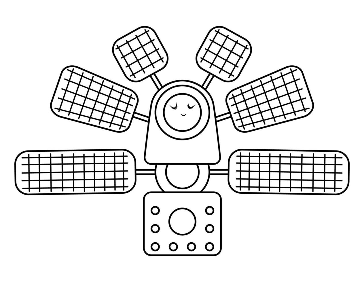 Vector black and white space station illustration for children. Outline smiling technics icon isolated on white background. Space exploration coloring page for kids.