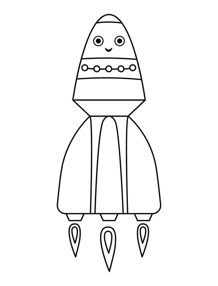Vector black and white rocket illustration for children. Outline smiling spaceship icon isolated on white background. Space exploration coloring page for kids