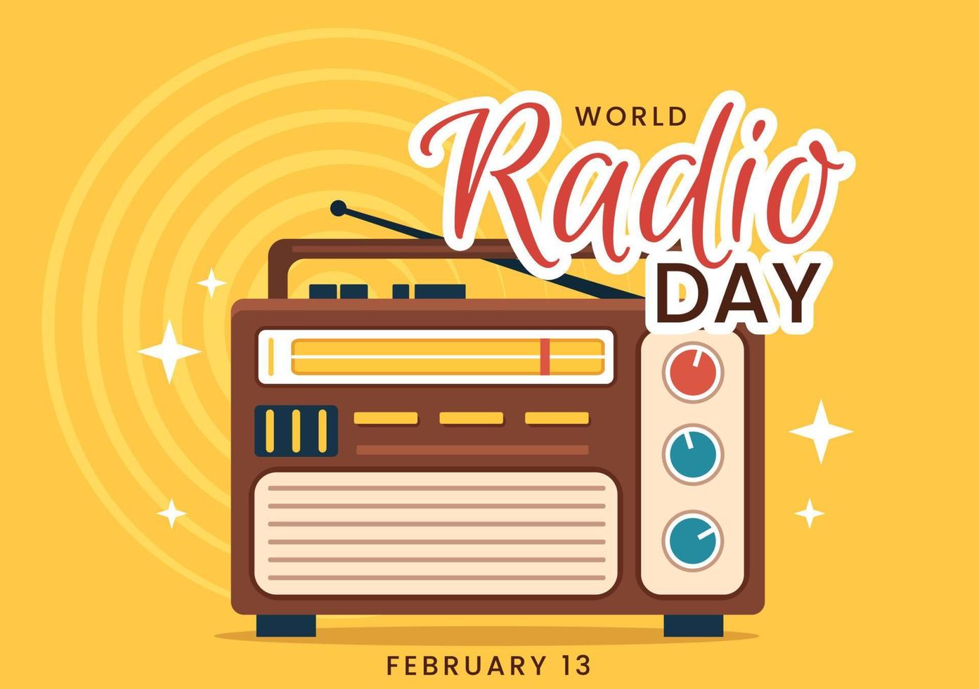 día mundial de la radio el 13 de febrero de idea para plantilla de página de destino, pancarta y póster en ilustración dibujada a mano de fondo de dibujos animados de estilo plano vector