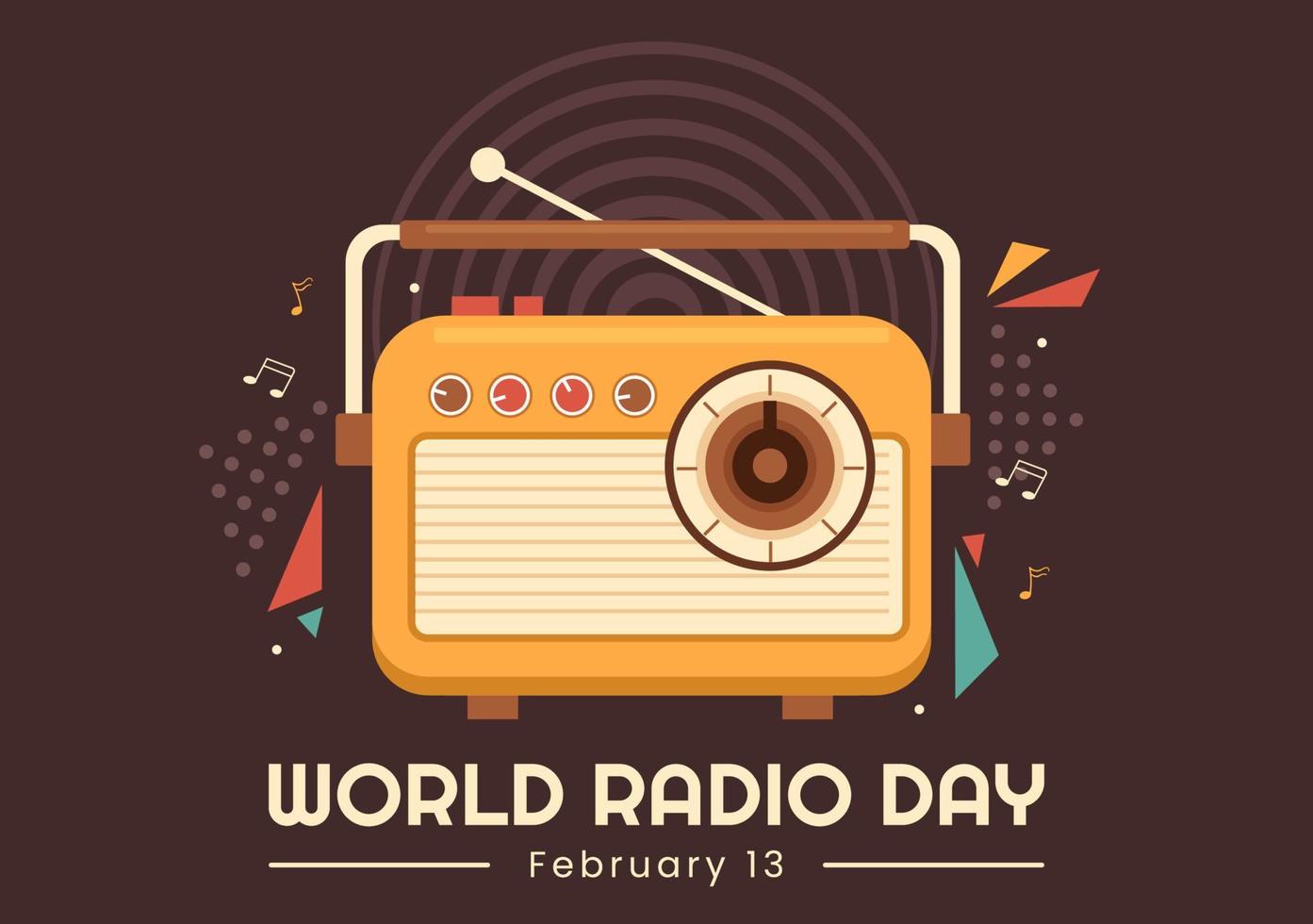 día mundial de la radio el 13 de febrero de idea para plantilla de página de destino, pancarta y póster en ilustración dibujada a mano de fondo de dibujos animados de estilo plano vector