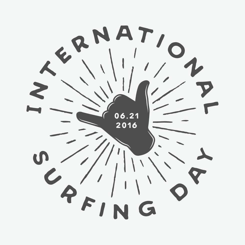 Vintage surfing logo, emblem, badge, label, mark. International surfing 2016 day card. Graphic art. Vector Illustration.