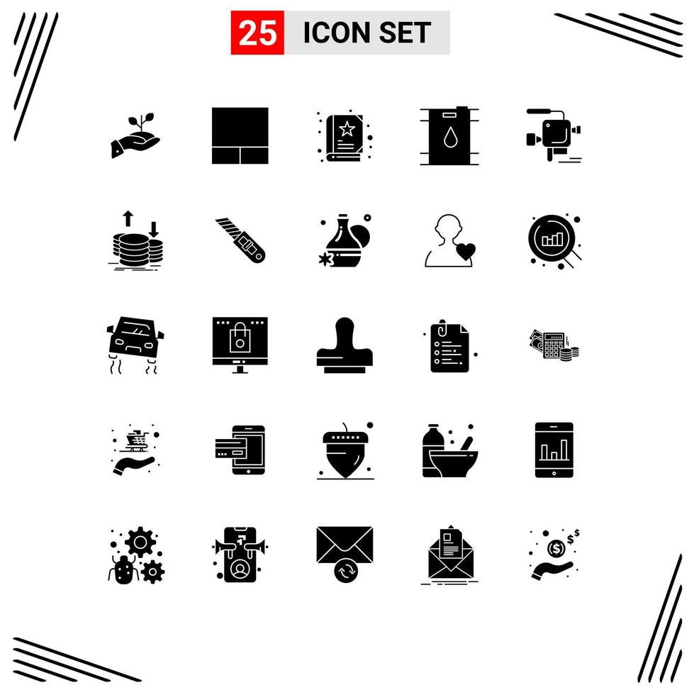 Set of 25 Commercial Solid Glyphs pack for film camera layout oil barrel Editable Vector Design Elements