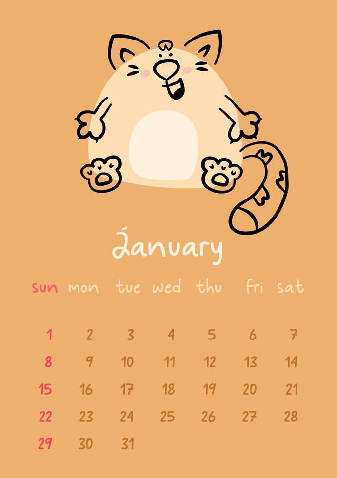 Vertical vector calendar for January 2023 with cartoon ginger cat. Funny hand drawn pet on brown background.  Week starts on Sunday. For size a4,a5,a3.