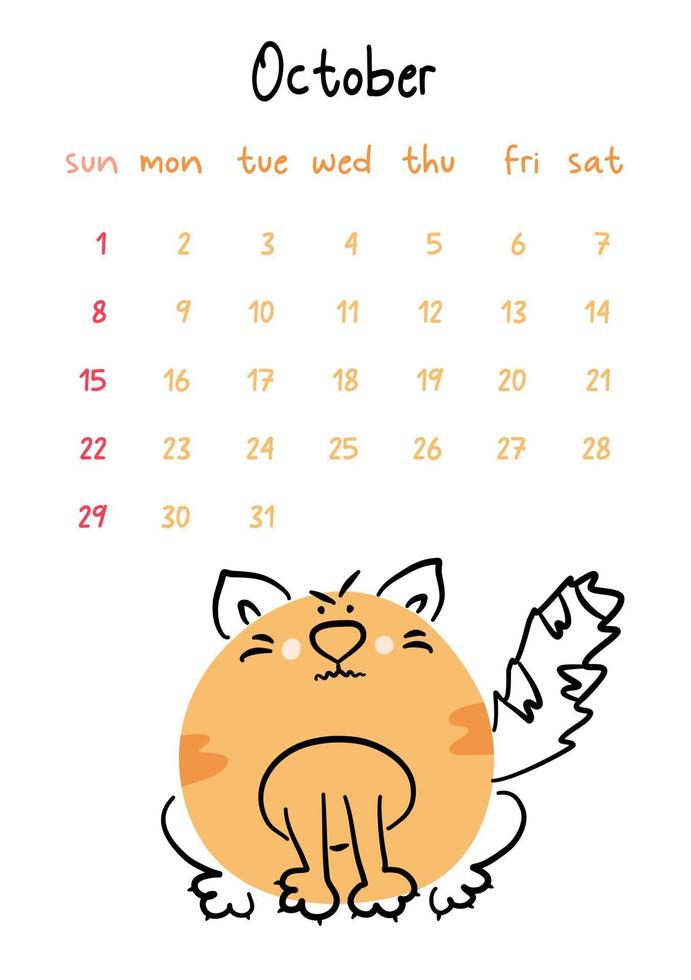 Vertical vector calendar for october 2023 with cartoon ginger cat. Funny hand drawn angry pet.  Week starts on Sunday. For size a4,a5,a3.