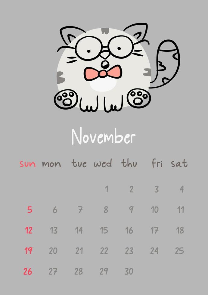 Vertical vector calendar for november 2023 with cartoon grey cat. Funny hand drawn pet wearing glasses and bow-tie.  Week starts on Sunday. For size a4,a5,a3.