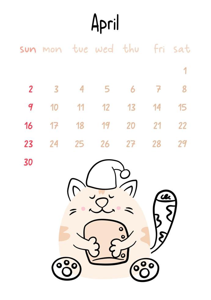 Vertical vector calendar for april 2023 with cartoon cat. Funny hand drawn pet wearing a cap with a pillow in paws.  Week starts on Sunday. For size a4,a5,a3.