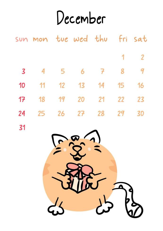 Vertical vector calendar for december 2023 with cartoon ginger cat. Funny hand drawn pet holding a gift box in paws.  Week starts on Sunday. For size a4,a5,a3.