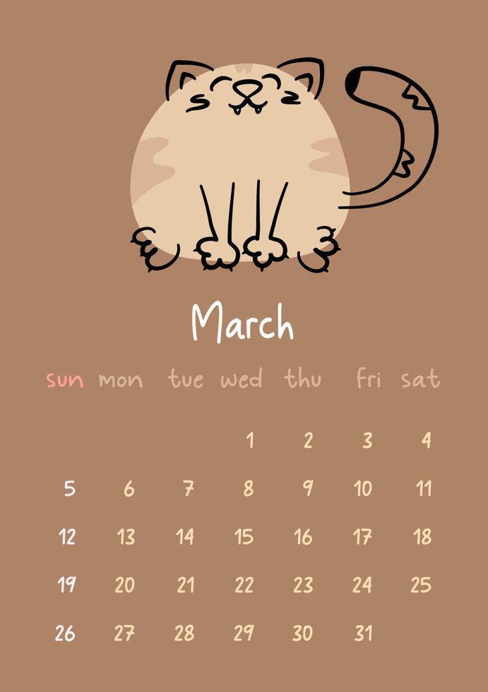 Vertical vector calendar for march 2023 with cartoon cat. Funny hand drawn pet on brown background.  Week starts on Sunday. For size a4,a5,a3.
