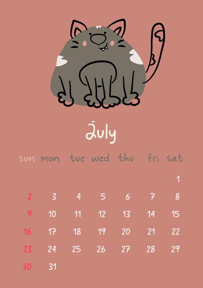 Vertical vector calendar for july 2023 with cartoon black cat. Funny hand drawn pet.  Week starts on Sunday. For size a4,a5,a3.