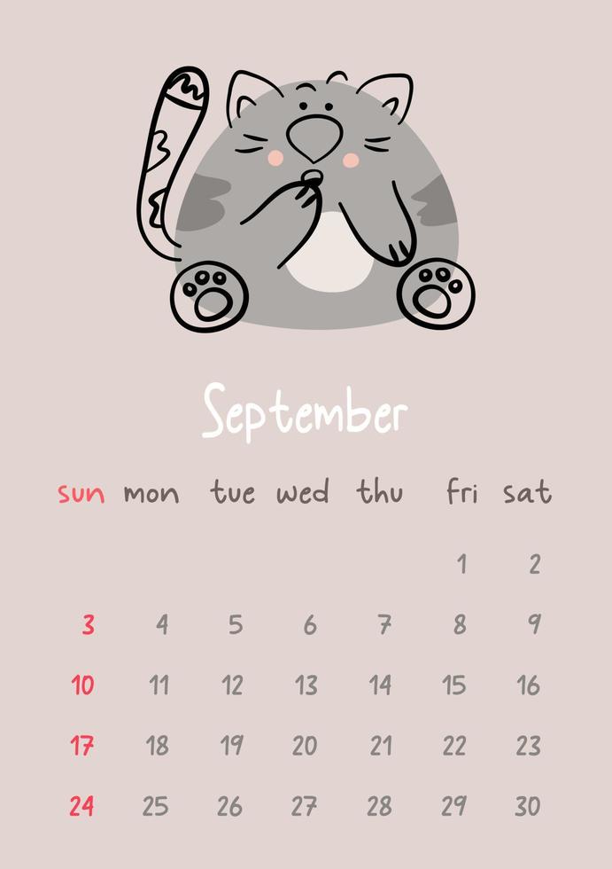 Vertical vector calendar for september 2023 with cartoon grey cat. Funny hand drawn pet.  Week starts on Sunday. For size a4,a5,a3.