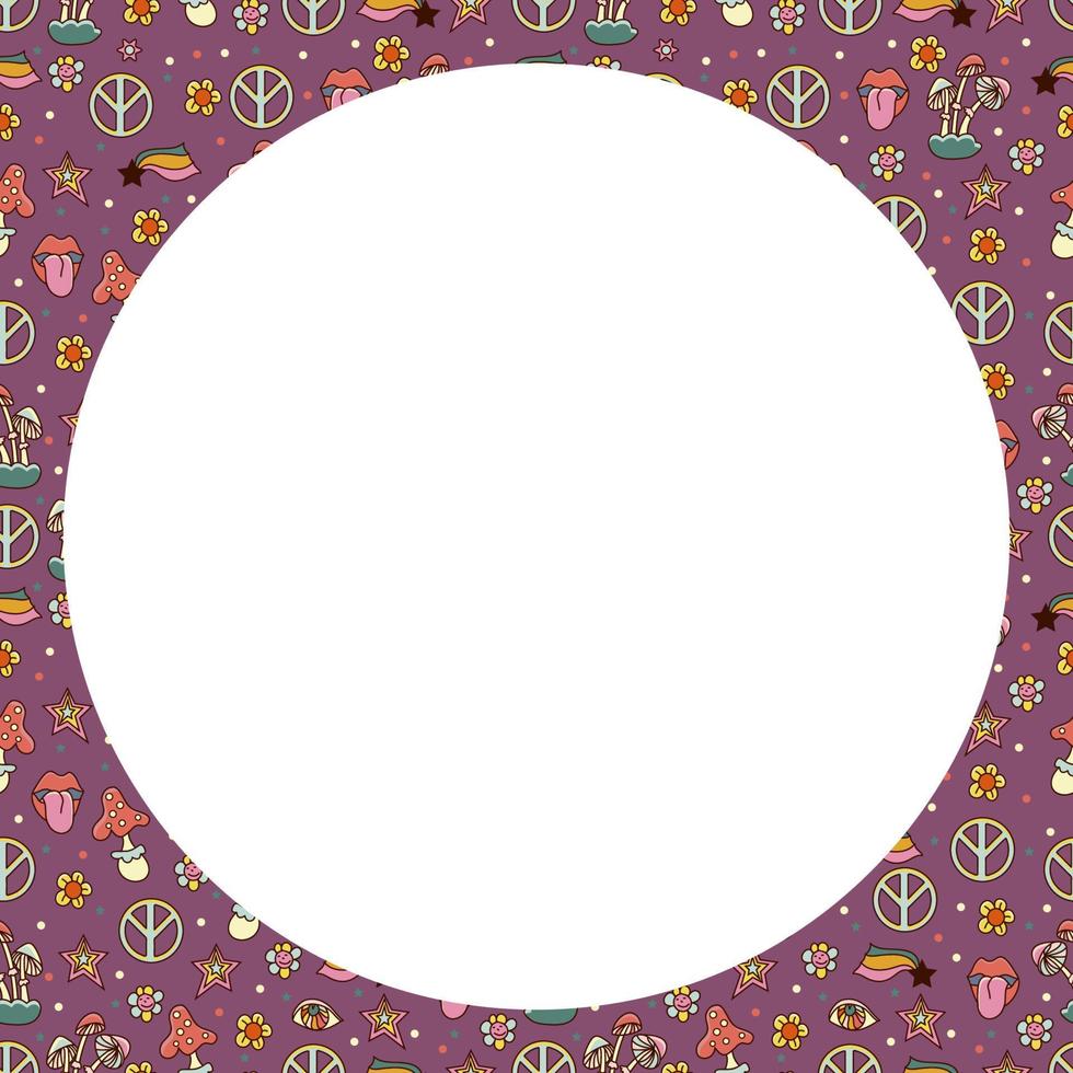 Vector circle frame. Groovy retro background in 70s style.