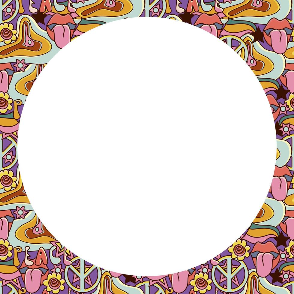 Vector circle frame. Groovy retro background in 70s style.