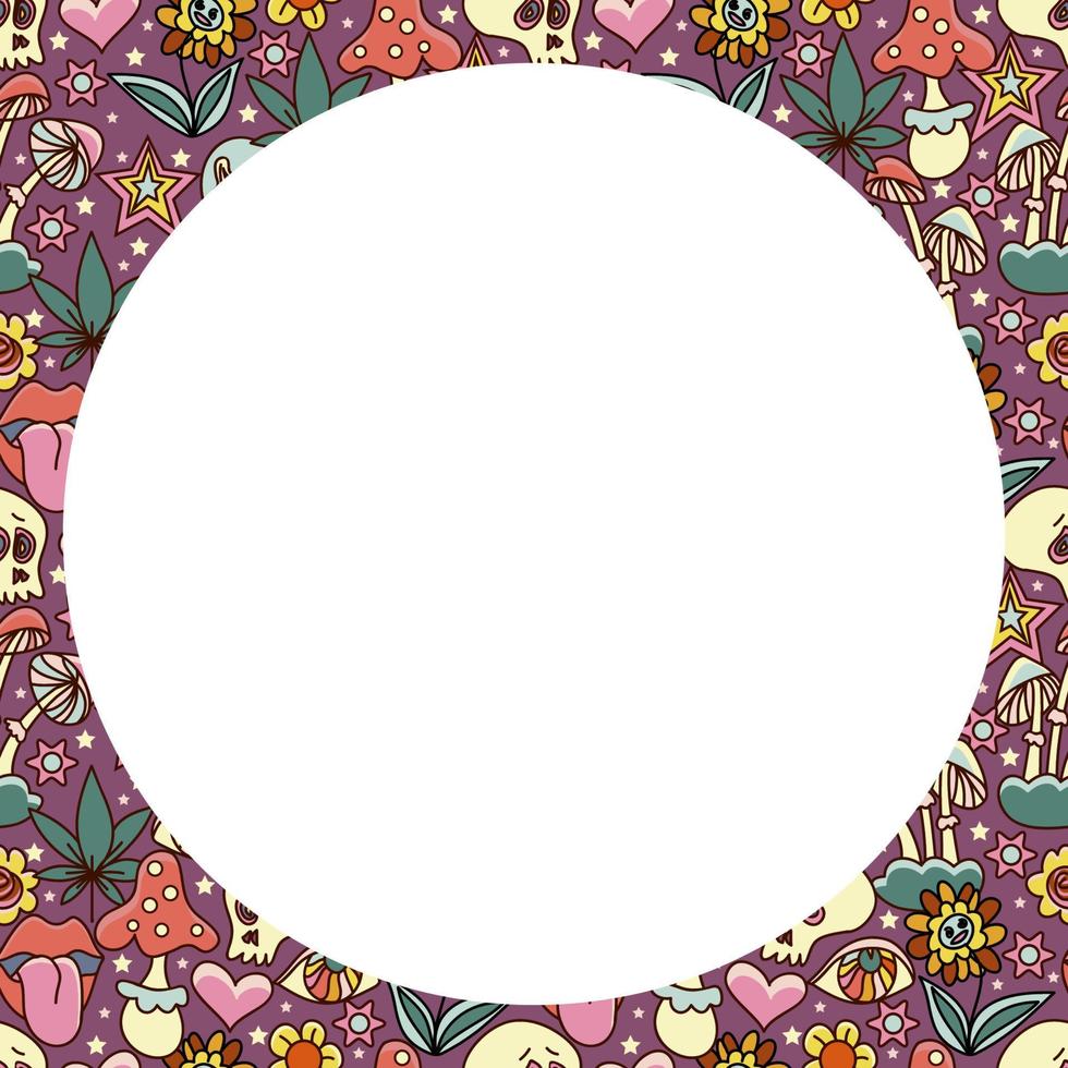 Vector circle frame. Groovy retro background in 70s style.