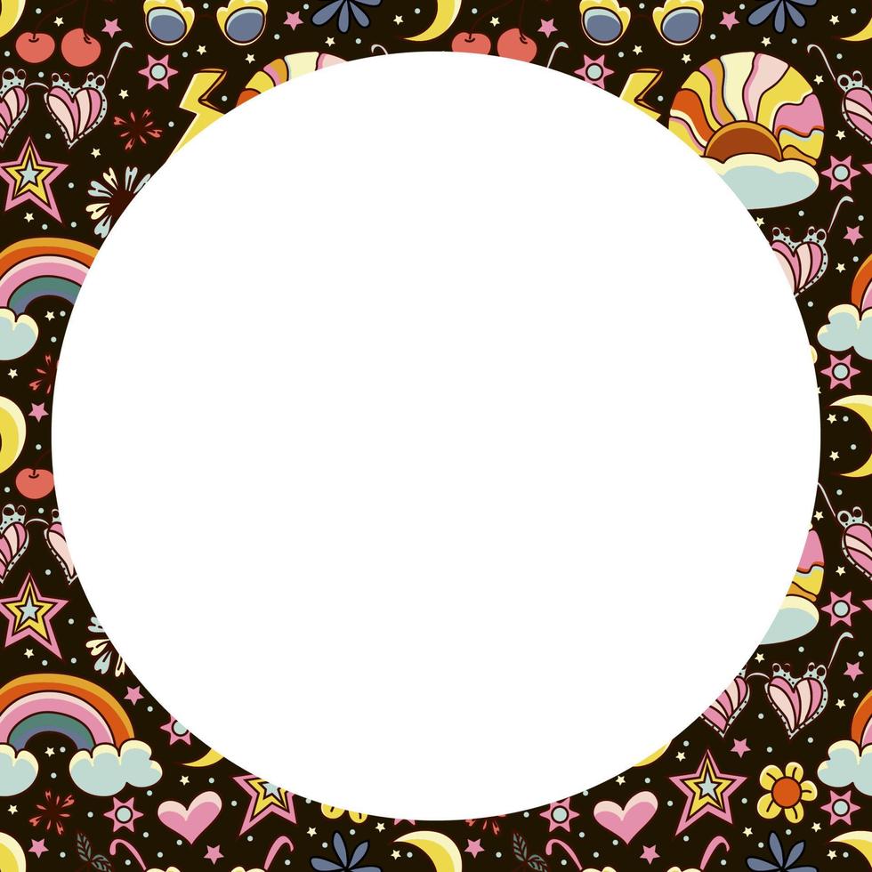 Vector circle frame. Groovy retro background in 70s style.