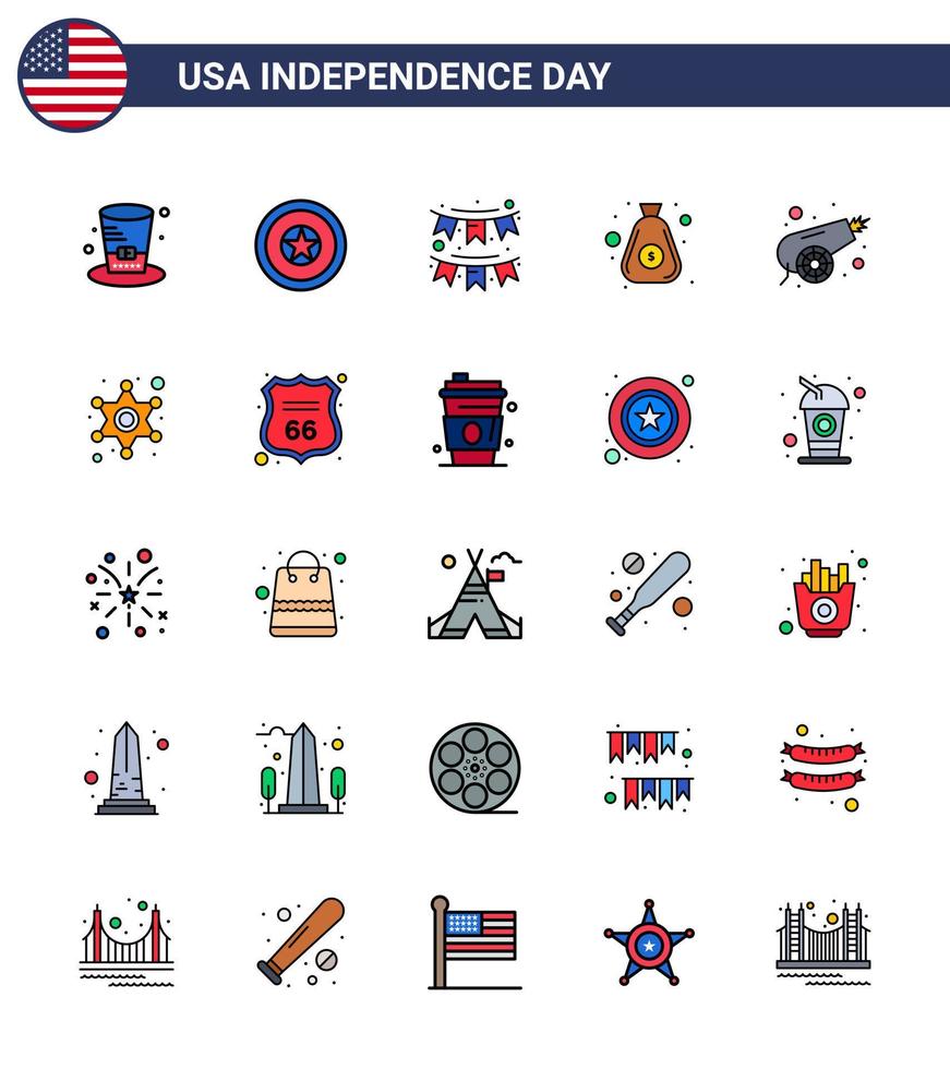 USA Independence Day Flat Filled Line Set of 25 USA Pictograms of army bag american money garland Editable USA Day Vector Design Elements