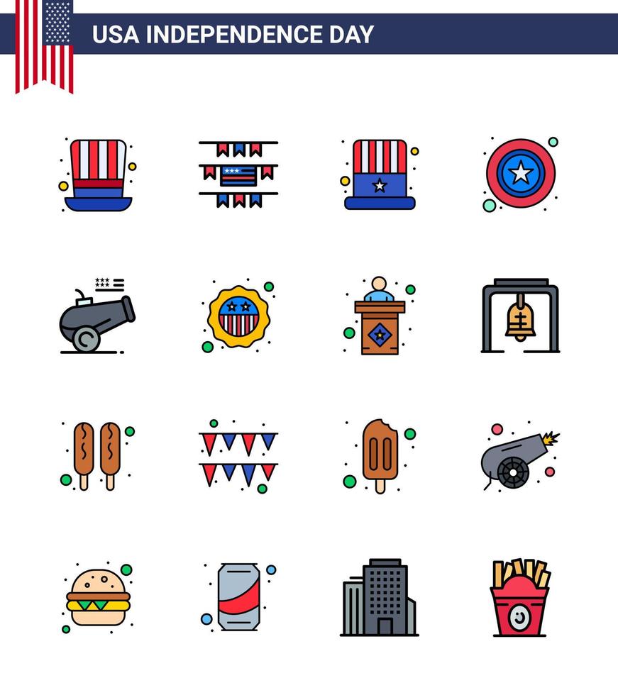 Modern Set of 16 Flat Filled Lines and symbols on USA Independence Day such as howitzer big gun cap sign police Editable USA Day Vector Design Elements
